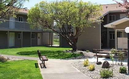 A sunny day at a residential area with houses, trees, and a bench.