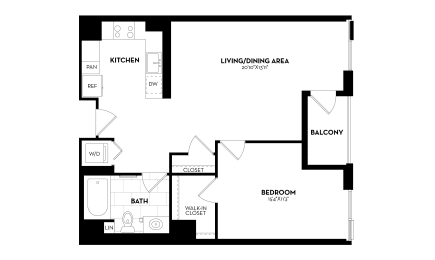 1 Bedroom, 1 Bathroom - 809 square feet