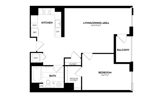 1 Bedroom, 1 Bathroom - 809 square feet