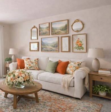 A living room with a white couch, a chair, a coffee table, and a rug.