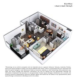 A 3D floor plan of a one bedroom apartment with a detailed layout.