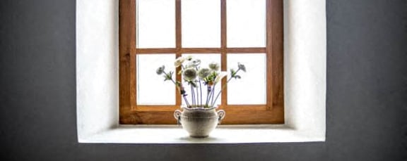 a vase with flowers sitting on a window sill