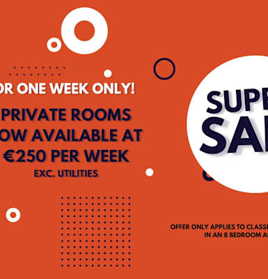 A promotional image advertises a one-week only sale for private rooms at €250 per week, excluding utilities.