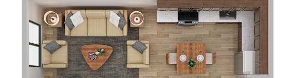 A top-down view of a modern living room with a kitchen area.