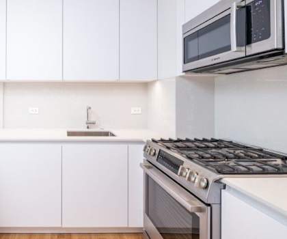 modern renovated kitchen with stainless steel appliances and a gas range