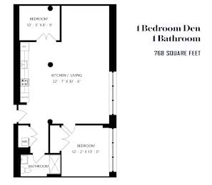 A black and white image of a floor plan for a 768 square foot home with one bedroom and one bathroom.