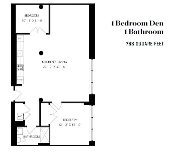 A black and white image of a floor plan for a 768 square foot home with one bedroom and one bathroom.