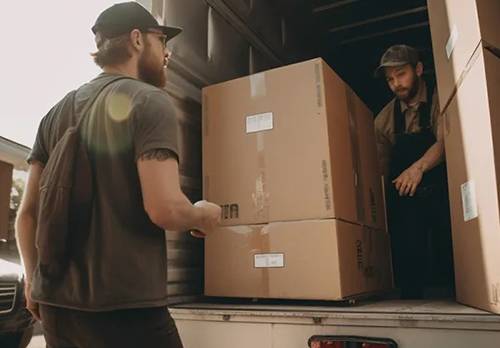 Two men loading boxes into the back of a truck.