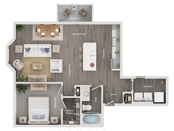 A floor plan of a house with a balcony, dining room, kitchen, laundry, and bathroom.