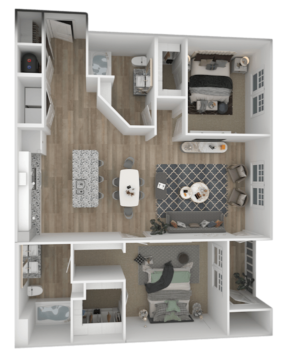 A dollhouse with a white and brown color scheme is displayed.