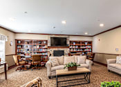 Thumbnail 9 of 14 - A living room with a fireplace and a bookshelf.