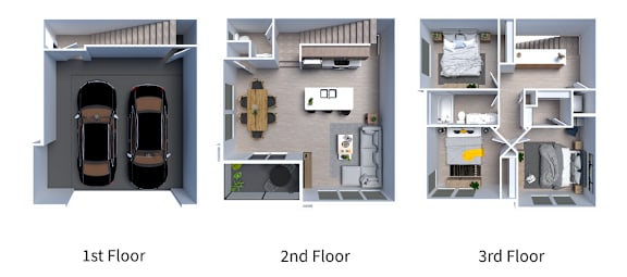 a 3d floor plan of a house with a bedroom and a living room