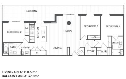 Floor Plan  3F 3 bed 2 bathroom floor plan - The Briscoe by Kinleaf