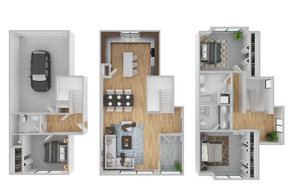 Three floor plans of a house with a garage, living room, and kitchen.