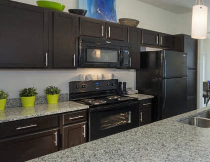 Kitchen and living at Arterra Place Apartments, Aurora, Colorado