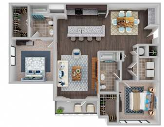 A 3D floor plan of a house layout.