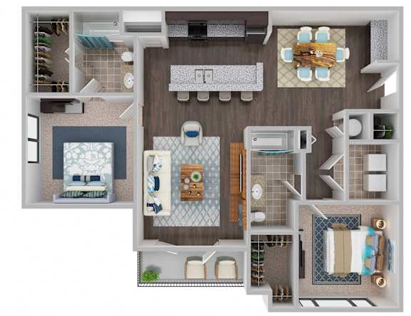 A 3D floor plan of a house layout.