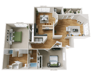 A 3D floor plan of a house with dimensions and room layout