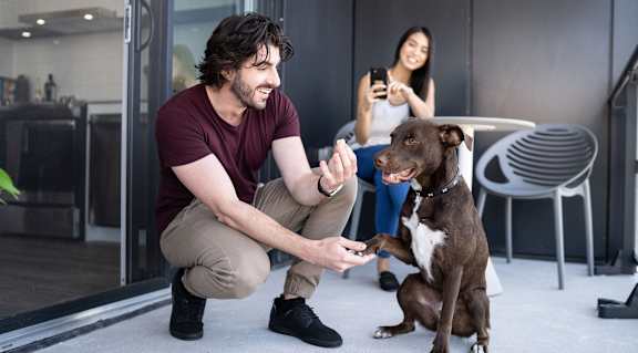 a man and a dog sitting in front of a glass door