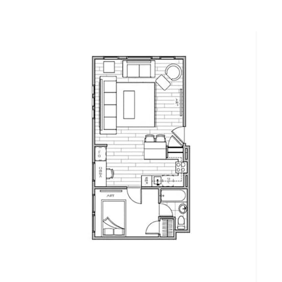 floor plan of the apartment with bedroom and kitchen on the second floor