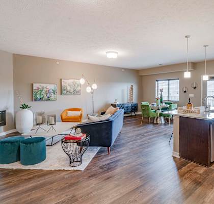 Spacious kitchens with granite countertops at The Flats at Shadow Creek new luxury apartments in east Lincoln NE 68520