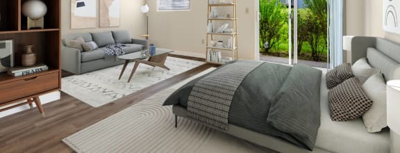 a bedroom with a bed and a chair and a rug at Eagles Landing Apartments, Everett, 98204