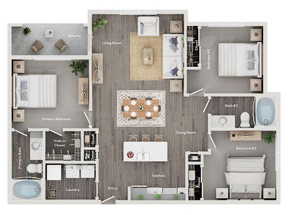 A floor plan of a house with a living room, dining room, kitchen, and two bedrooms.