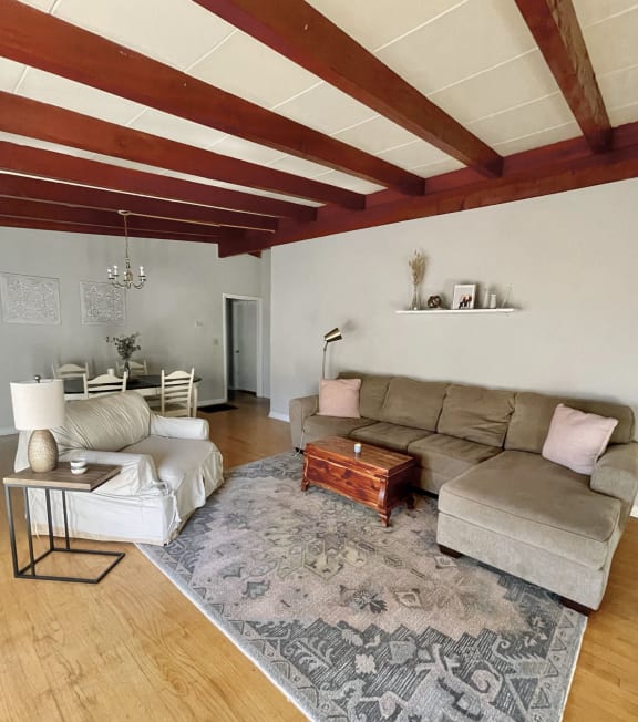 a living room with two couches and a coffee table