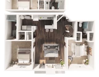 a furnished apartment with a bedroom and kitchen