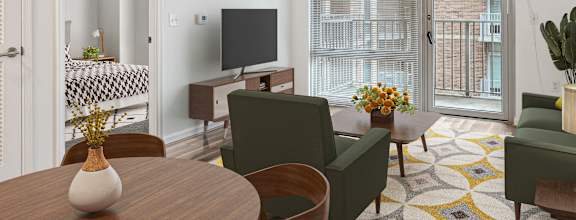 a living room with a table and chairs and a tv