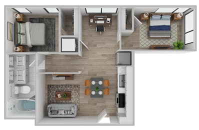 A top-down view of a modern apartment layout.