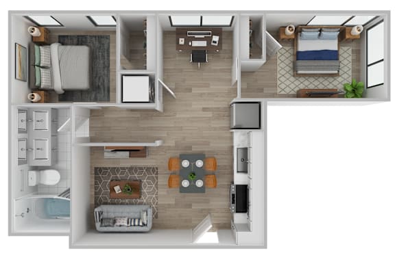 A top-down view of a modern apartment layout.