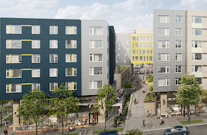 a rendering of a city street with buildings and trees at Cedar Crossing, Seattle, WA, 98115