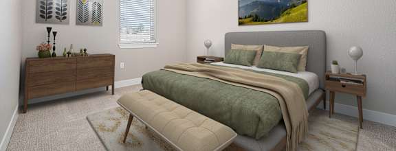 A bedroom with a large bed and a painting on the wall.