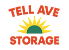 The image shows a logo with the words "TELL AVE STORAGE" in bold letters, with a graphic of a sun above the text.