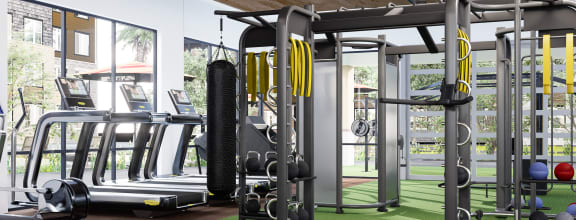 a home gym with a wood ceiling and green rug at Weylyn Luxury Apartments, Laveen, AZ 85339