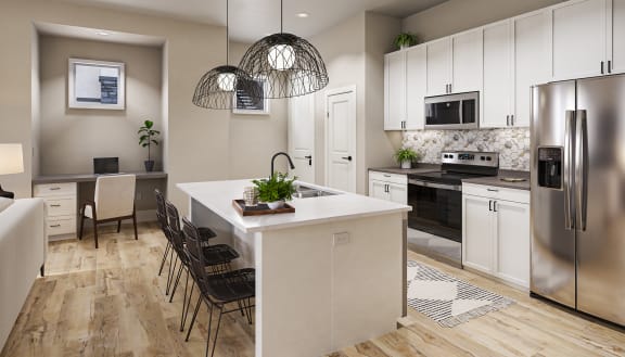 One Bedroom Kitchen and Desk Area at Solstice Living Apartments in Tucson Arizona