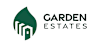 A logo for Garden Estates featuring a green leaf and a house silhouette.
