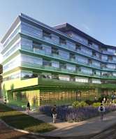 A modern building with green and blue balconies is depicted in the image.
