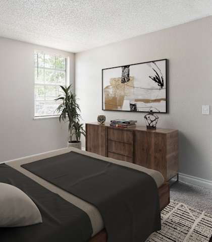 a furnished bedroom, Timberfalls Apartments