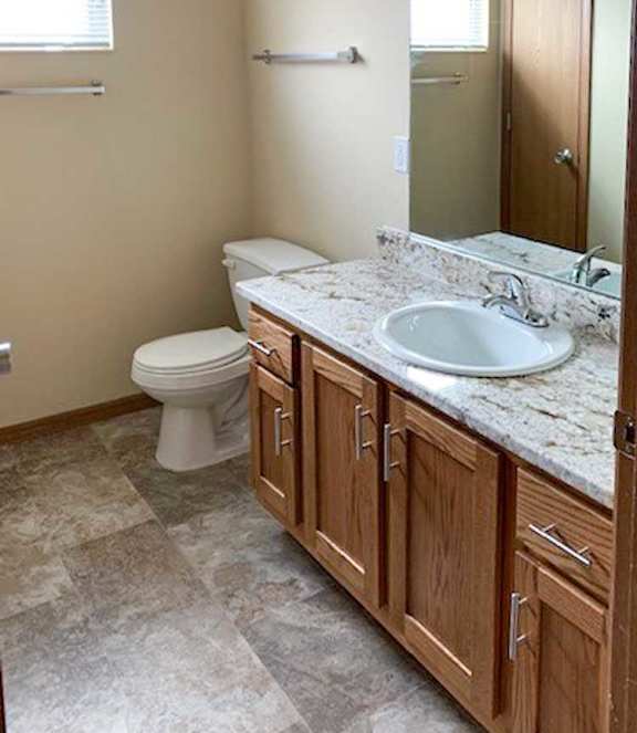 a bathroom with a sink vanity and wooden cabinets