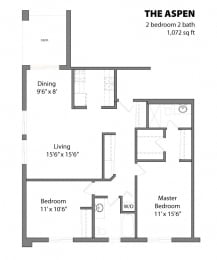 2 Bed 2 Bath The Aspen Floor Plan at Aspenwoods Apartments, Minnesota