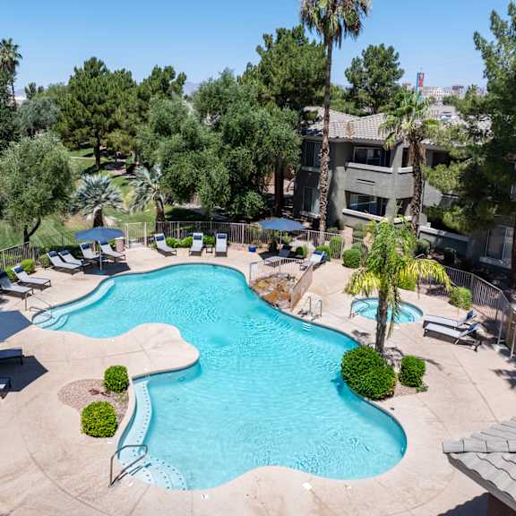 A large swimming pool surrounded by palm trees and lounge chairs.