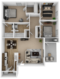 3 Bedroom 2 Bath 3D Floorplan River Oaks Villas Apartments in San Marcos, Texas