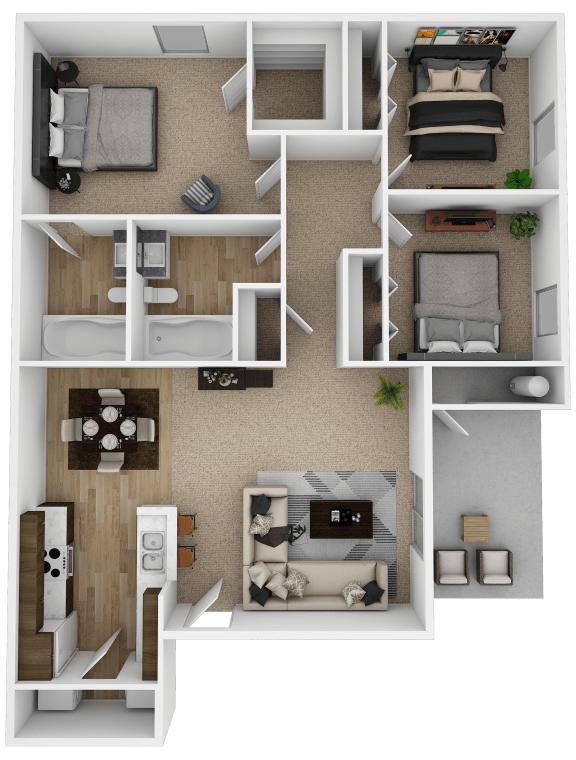 3 Bedroom 2 Bath 3D Floorplan River Oaks Villas Apartments in San Marcos, Texas
