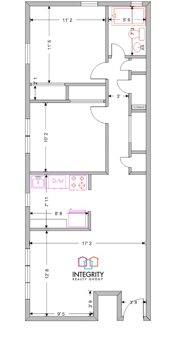 A floor plan for a 796 square foot home with two bedrooms and two bathrooms.