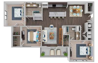 A 3D floor plan of a house with a kitchen, living room, and bathrooms.