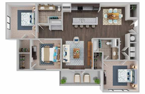 A 3D floor plan of a house with a kitchen, living room, and bathrooms.