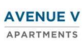 The image shows the text "AVENUE V" in blue and "APARTMENTS" in grey.