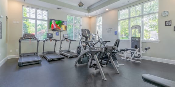 a home gym with weights and cardio equipment